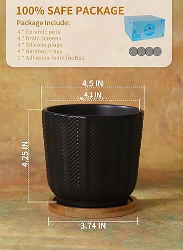 Miniatura 3 de OMAYKEY Macetas de 4.5 pulgadas con platillo, macetas de cerámica negra con orificio de drenaje y almohadillas de malla para suculentas, cactus,