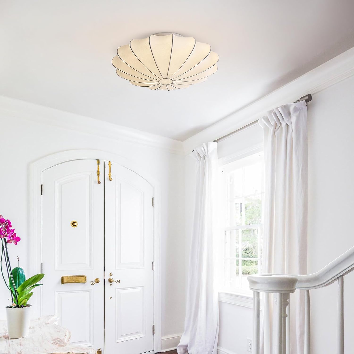 Japanese Silk Fabric Ceiling Light White Bedroom Close to Ceiling Lights Retro Vintage Flush Mount Ceiling Light Fixture Coastal Hallway Chandelier for Entryway