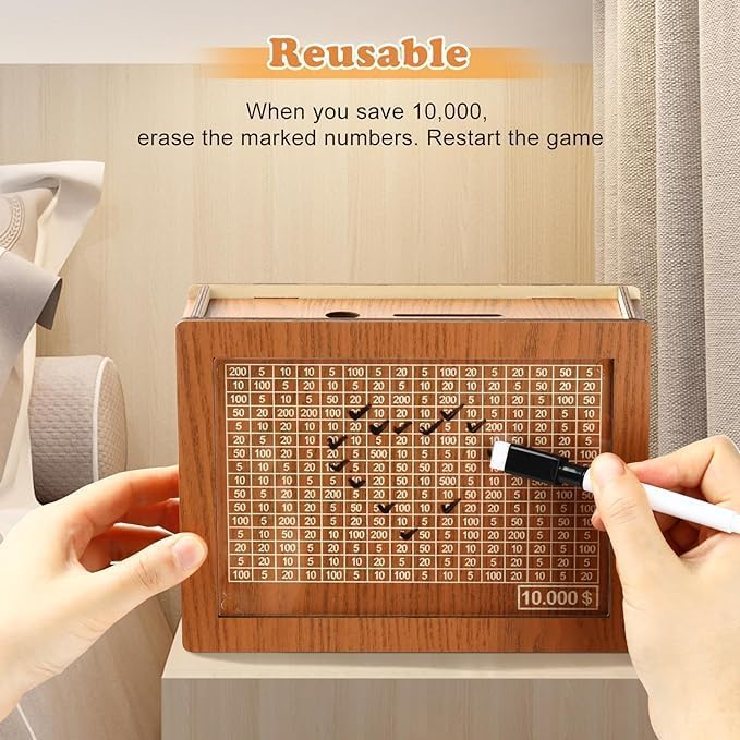 Cash Vault Wooden Savings Box,$10000 Wooden Cash Saver Money Box, Cash Saver Box, Coin Counter Piggy Bank, Money Box with Counter, Wooden Money Box with Money Target and Numbers