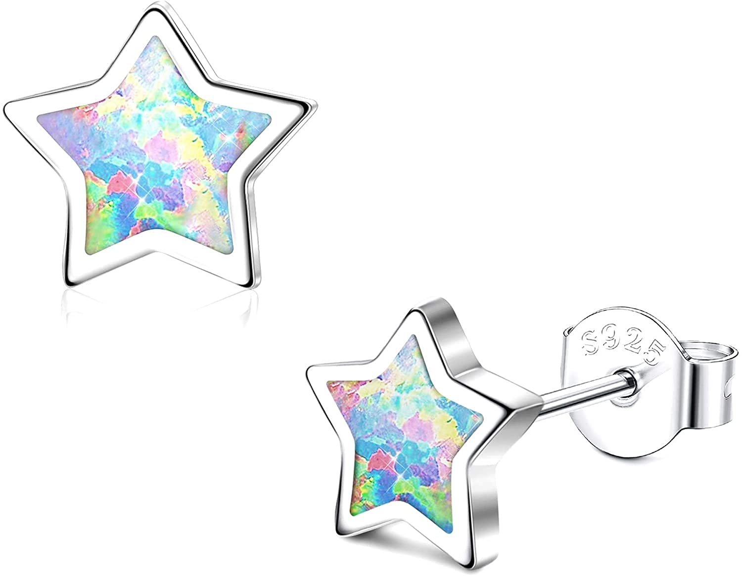 LOLIAS 1 Par Pendientes Plata Ley 925 Hipoalergénicos Pendientes Estrella Ópalo Regalos para Mujeres Niña Pendientes Pequeños Bonitos Joyería Minimalista para Oídos Sensibles