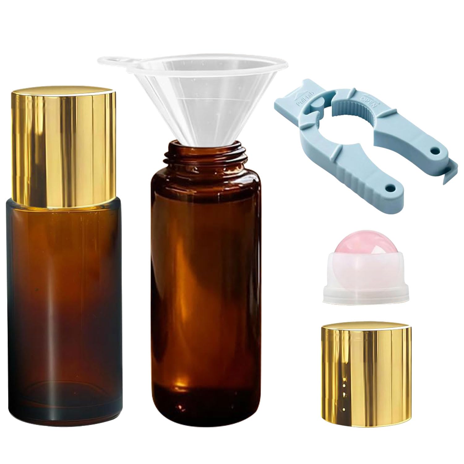 Rosenquarz-Rollerball-Flaschen für Ätherische Öle, 2 Stück 50ml Füllbare Glasflaschen Roll-On-Flaschen Leer mit Kristallrollkugel für Rizinusöl-Parfüm, mit Trichter und Kugel-Flaschenöffner