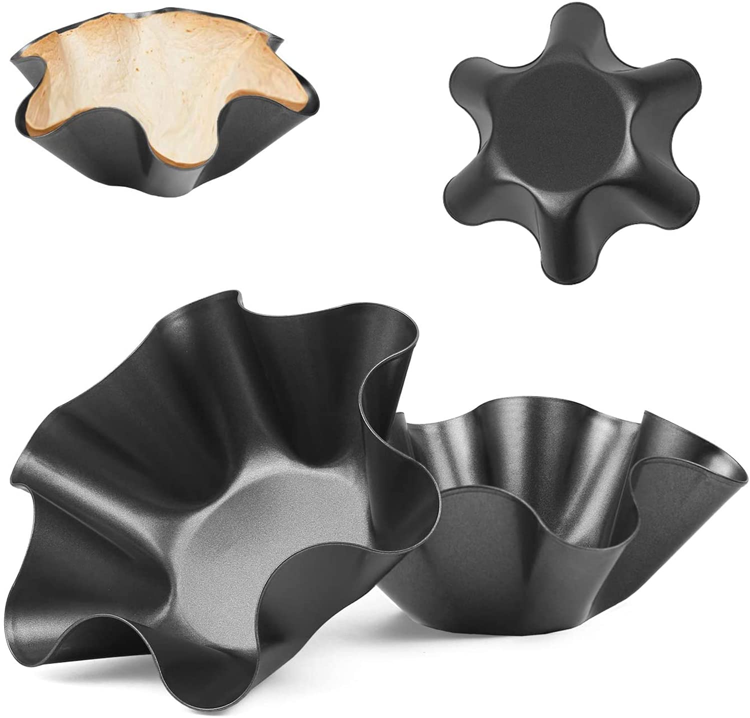 DELFINO Roasted Bowl, Tortilla Pan Set, Tortilla Maker Nonstick Taco Shell Maker Salad Bowl Set of 4 Pack Perfect Taco Pan, Makers, Carbon Steel, Tostada Bakers- Black, 6 inch