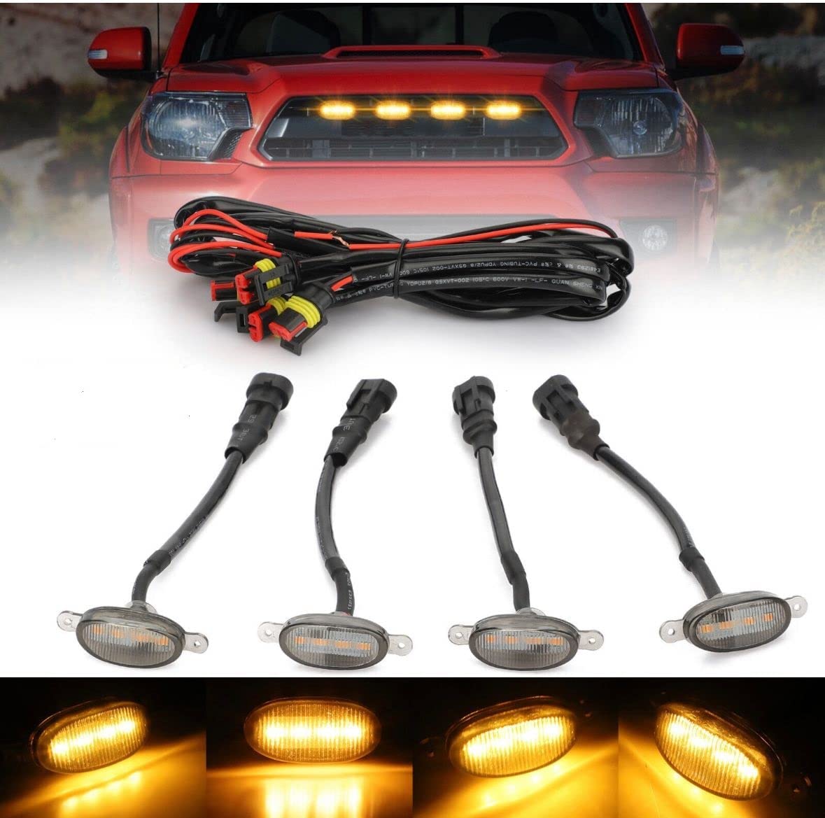 ETH LED Grille Lights Led with Fuse Adapter Wiring Harness Kit 4PCS Smoke Shell Compatible with All Cars (Smoke Yellow) - Image 6 thumbnail