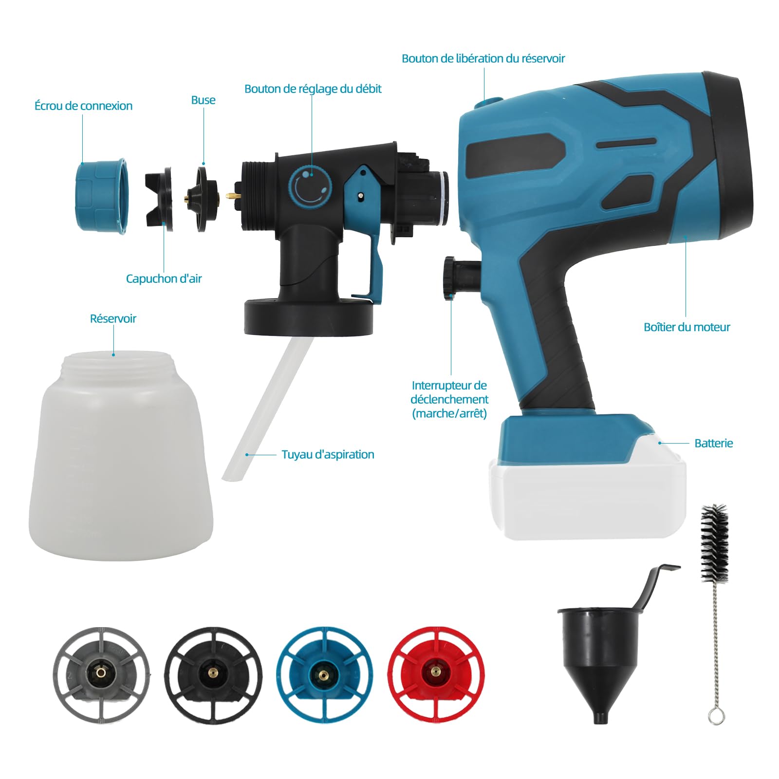 Système de pulvérisation de peinture sans fil avec réservoir de 800 ml et 4 buses, 3 modes de pulvérisation, pistolet à peinture pour murs et clôtures, compatible avec batterie Makita 18 V (sans