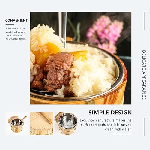Miniatura 8 de Cubo de arroz de madera con tapa, versátil cuenco de arroz para sushi y bañera mezcladora Bibimbap fácil de limpiar, diseño compacto para uso diario