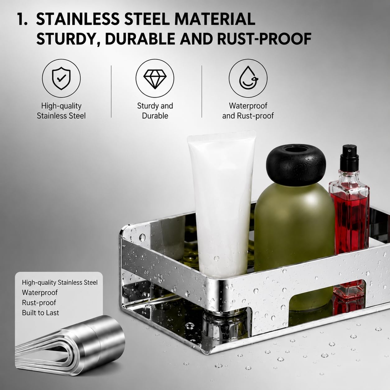 Mensole Doccia senza Fori in Acciaio Inox SUS304 – Porta Shampoo e Bagnoschiuma da Bagno, Organizer Doccia Adesivo Antiruggine, Mensola Bagno Salvaspazio per Bagno Argento