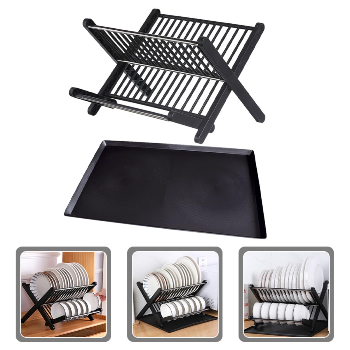 USHOBE Escurreplatos Plegable Negro de Pp y Acero Inoxidable, Compacto y Fácil de Almacenar para Cocina y Restaurante, Soporte Práctico para Organizar Platos