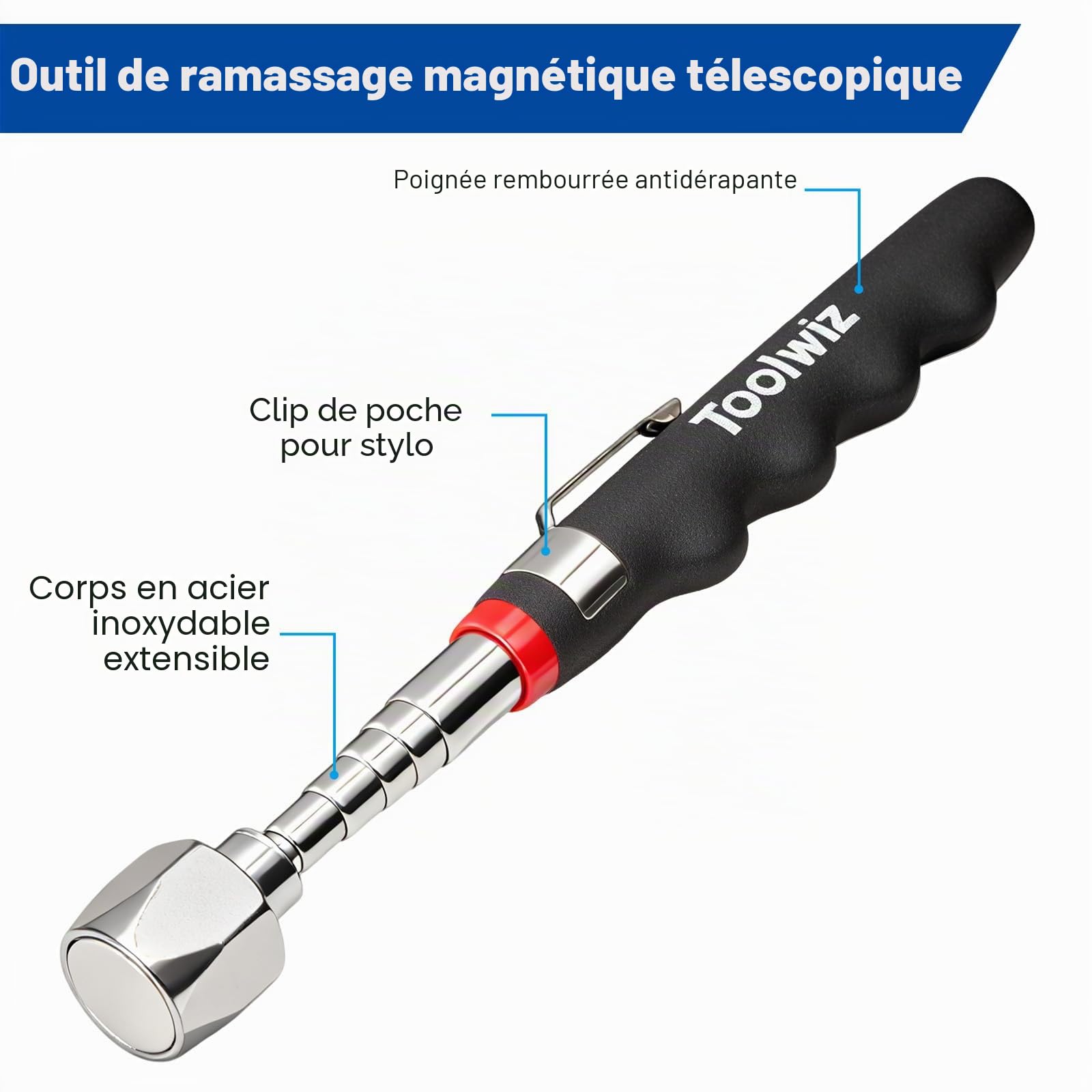 Toolwiz Balai magnétique roulant de 43,2 cm, 4 kg, avec outils de ramassage magnétiques télescopiques de 7,3 kg – Balayeuse légère avec roues pour clous, vis et débris métalliques pour usage