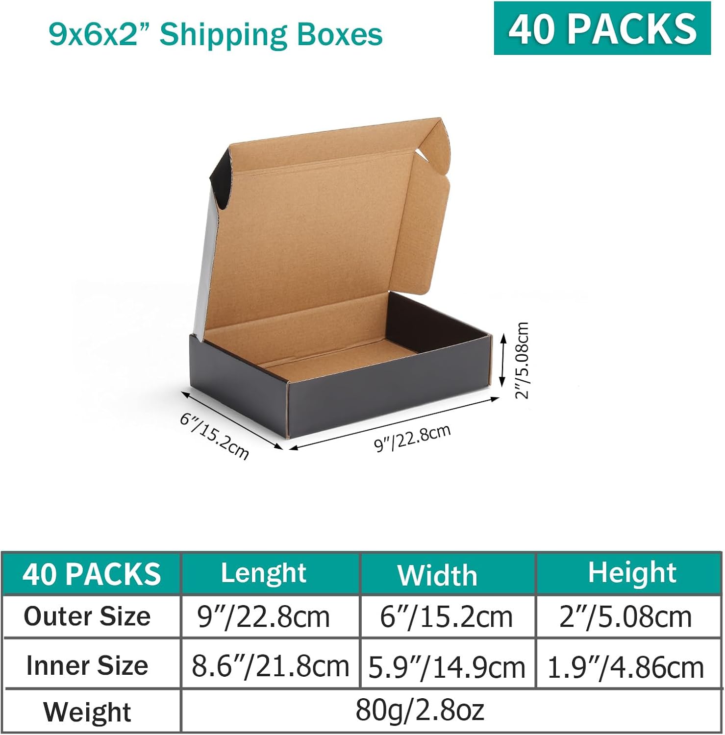 Hoikwo 40 Pack 9x6x2 Shipping Boxes for Small Business, Black Packaging Cardboard Boxes, Moving Mailing Packing Box 9x6x2-40 Pack