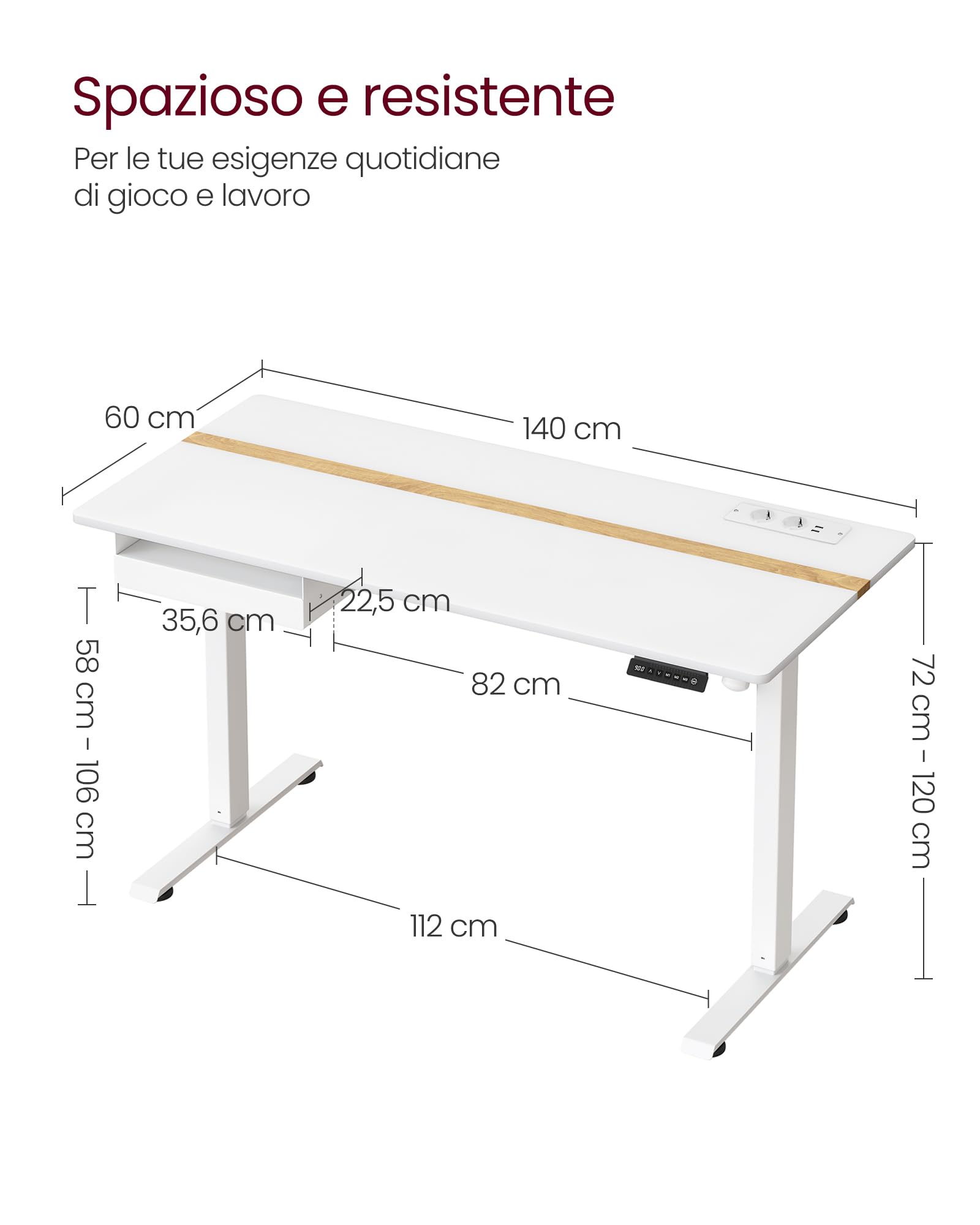 VASAGLE Scrivania Regolabile in Altezza, Scrivania Elettrica, Piano del Tavolo 60 x 140 cm, Regolabile in Continuo, Funzione di Memoria con 4 Altezze, Bianco LSD114W01