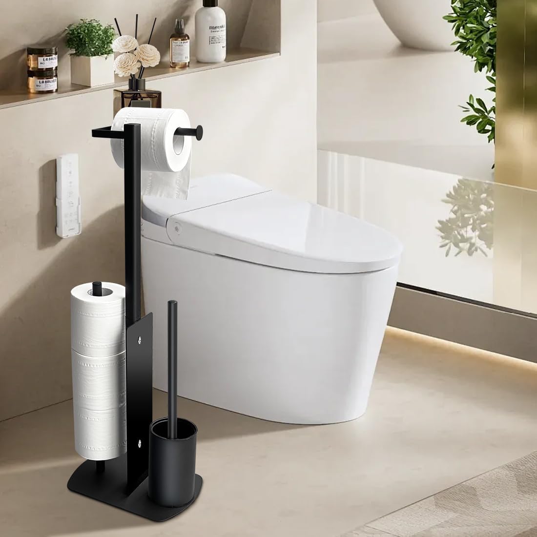 Edelstahl Klopapierhalter Stehend mit Klobürste, Toilettenpapierhalter mit WC Bürste Stand WC Garnitur für Toilettenpapier & Toilettenbürste