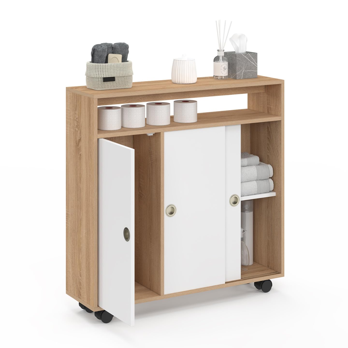 IDMarket - Armario auxiliar Mueble de almacenamiento con ruedas para baño TOMI Estructura de haya Tablero Blanco