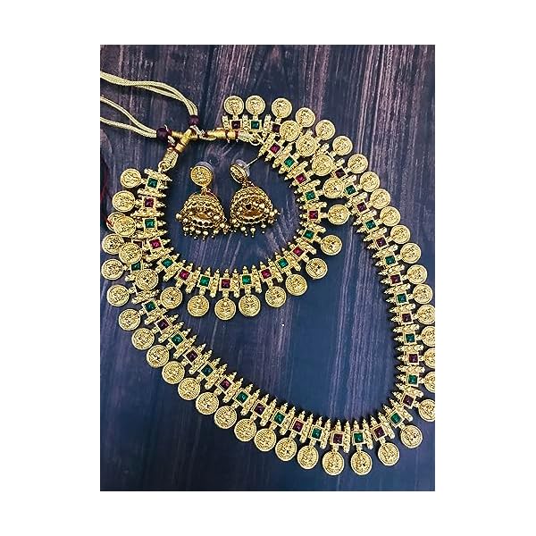 Sattyaki Gold-Plated Traditional South Indian AuspiciousTemple Jewelry Bridal Jewelr Multi Premium Coin Double Necklace Set with Earrings in beadwork for Women. - Image 6