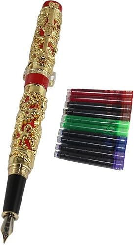 Gullor Pluma estilográfica Noblest Dragon and Phoenix con estuche de piel sintética y cartucho de tinta de 5 colores - Oro y rojo