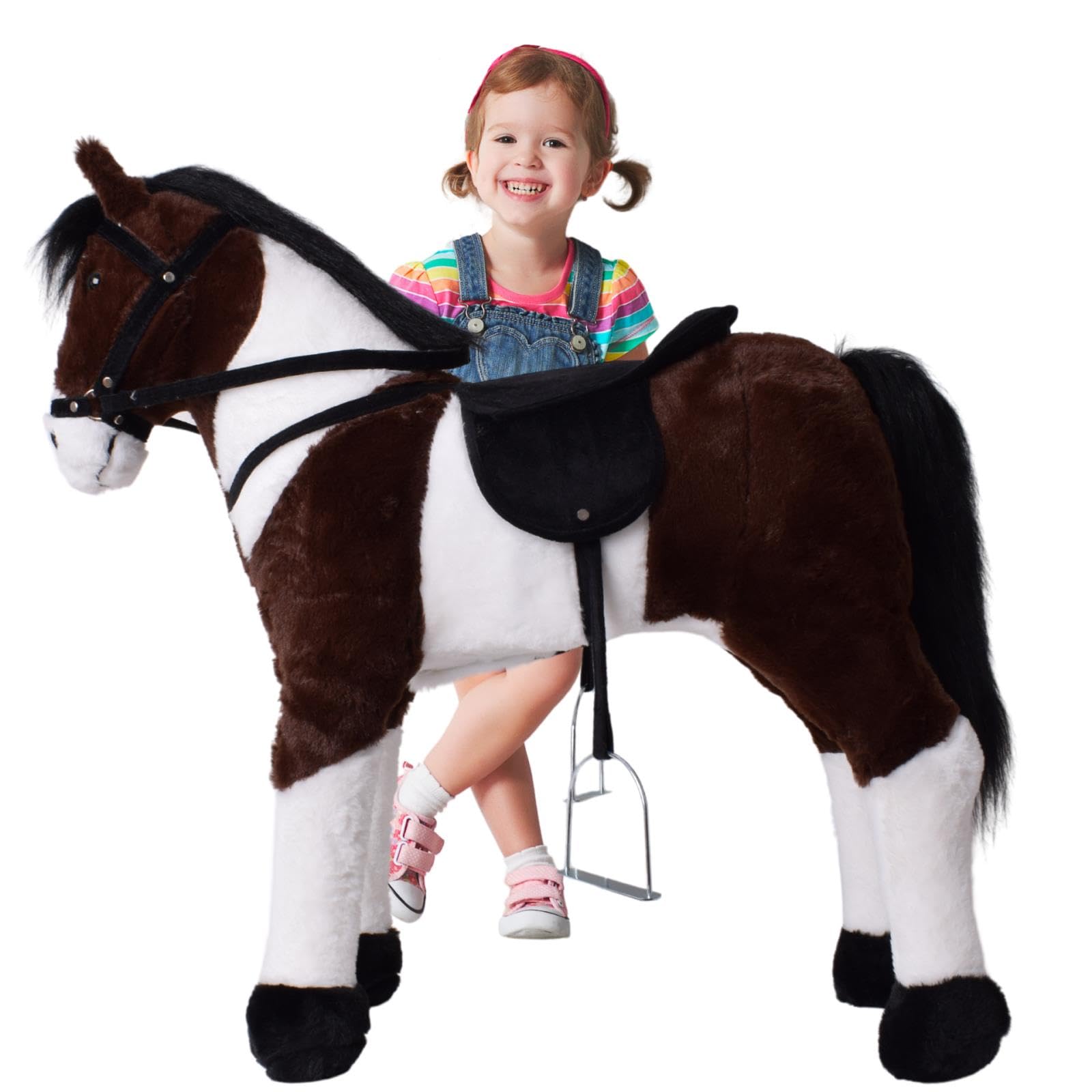TE-Trend Pferd, 70 cm – Plüschpferd zum Reiten – Kinder Reitpferd mit Sattel, Zaumzeug und Steigbügel – Perfektes Reitspielzeug für Mädchen – Braun