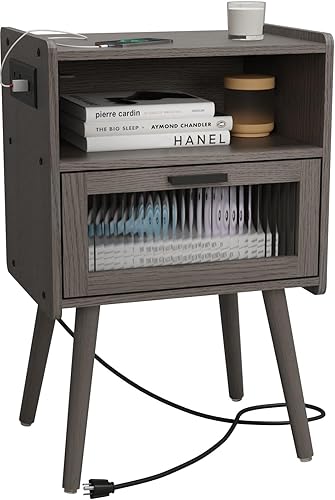 Mesita de noche moderna de mediados de siglo con estación de carga, mesitas de noche con cajón de cristal, mesa auxiliar con espacio de