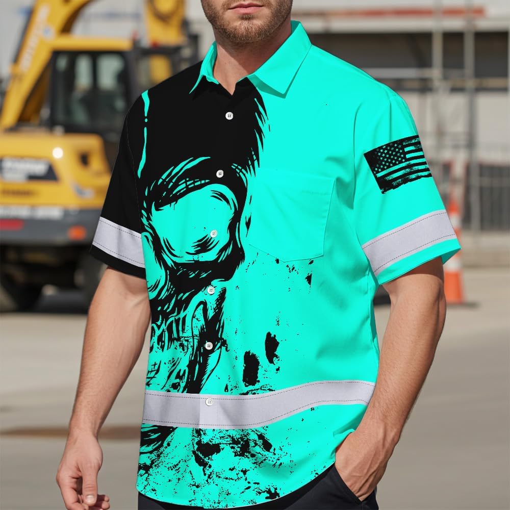 Hi Vis Hawaiian Skull Safety Shirt, Custom Name High Visibility Short Sleeve Button Down Shirt for Workers, Truckers - Image 2