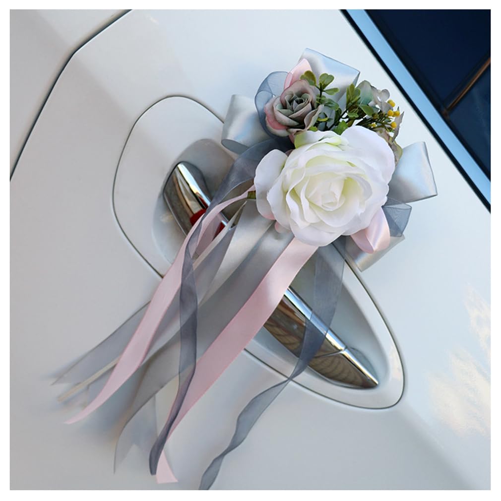 Pmnzdy 4pcs arcos del coche de la boda de flores artificiales Decoración del coche espejo retrovisor manija de la puerta de la decoración de la flor de boda arcos para la fiesta de bodas Grigio