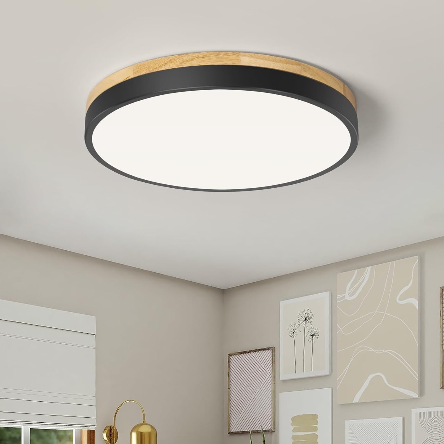Qamra Plafon LED Techo, Plafon Techo Negro, Moderno Redondo de Madera, 30cm Lamparas Techo de Dormitorio Comedor Sala de estar Cocina Pasillo 4000K 24W