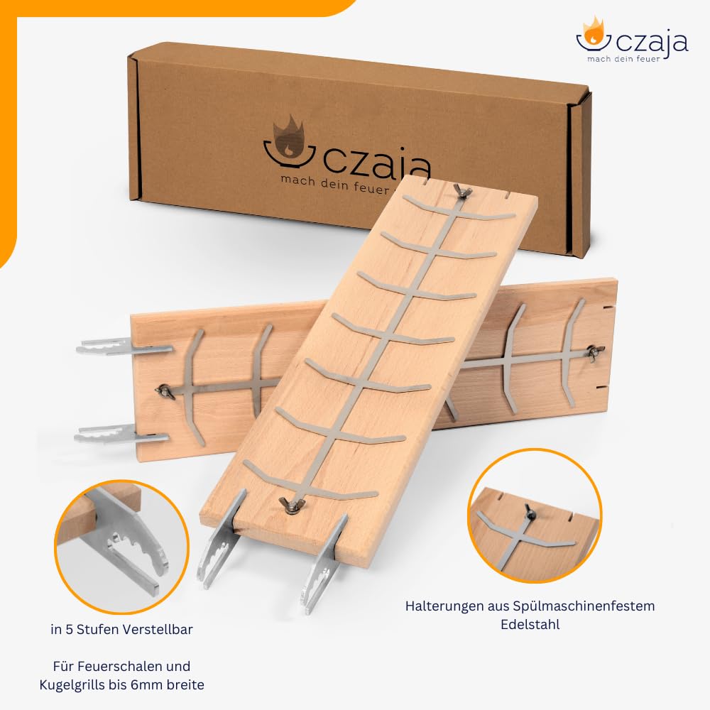 Czaja® Flammlachsbrett 2er Set für Feuerschale und Kugelgrill | Hergestellt in Deutschand | Nutzbar von Allen Seiten für höhere Lebensdauer | Flammlachsbretter aus Buche mit Edelstahl Halterung
