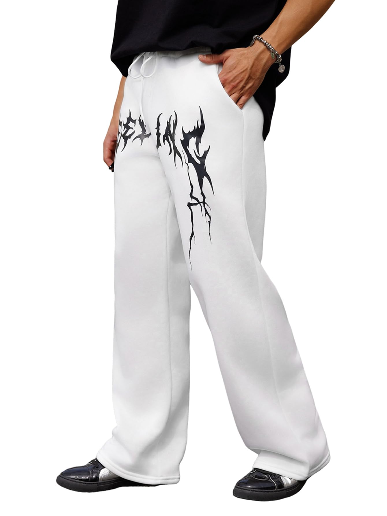 OYOANGLE Men's Graphic Print Drawstring Waist Baggy Sweatpants Loose Straight Leg Pants with Pocket
