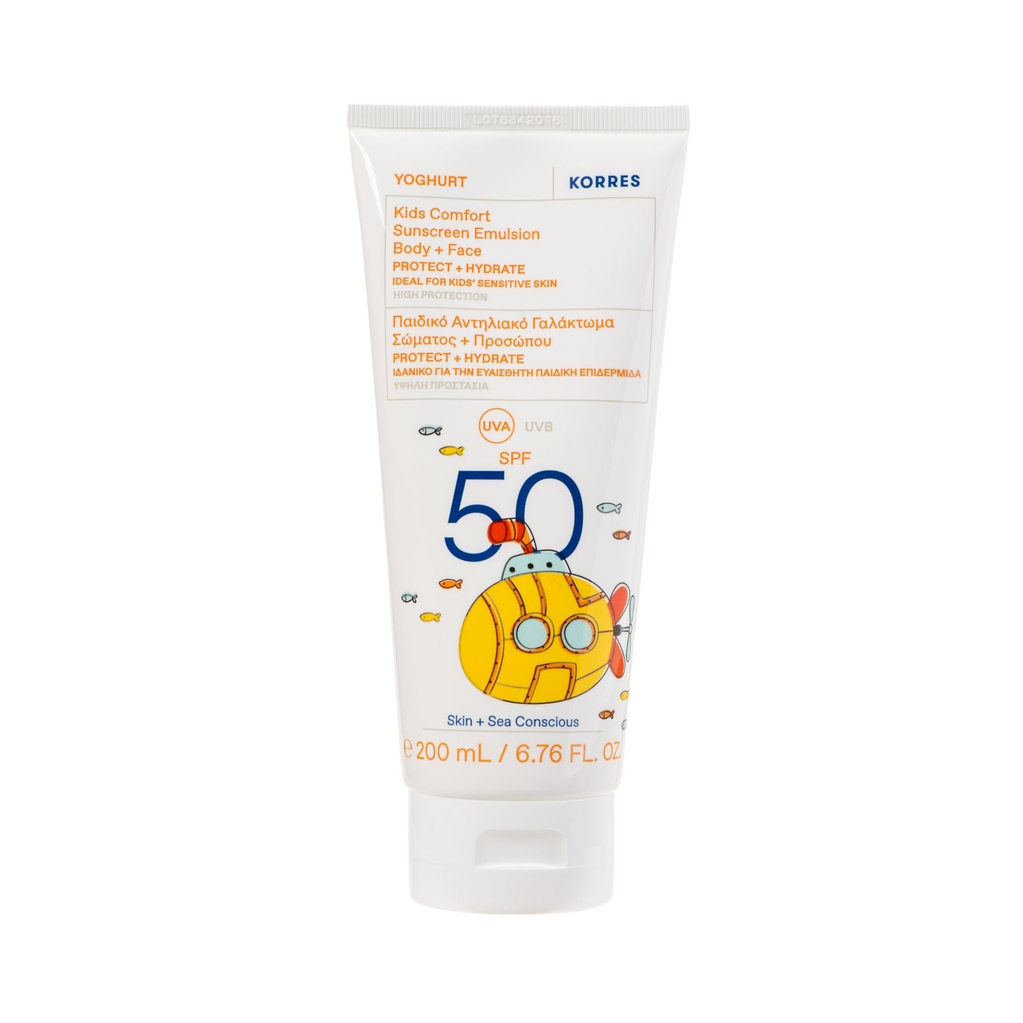 KORRES YOGHURT Komfort Sonnenschutz-Emulsion für Kinder SPF 50, wasserresistente Sonnencreme mit Mandelöl und griechischem Joghurt, schnell einziehend und sanft zur Haut, 200ml | wasserresistente Sonnencreme mit Mandelöl & Joghurt, schnell einziehend und