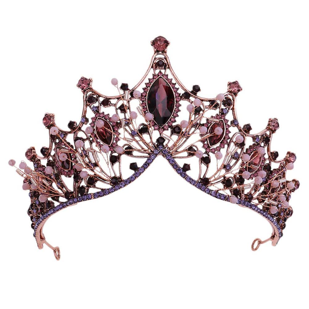Corona Barocco, Tiara Corona Di Cristallo Con Strass, Diadema Con Strass per Matrimoni, Feste Da Ballo, Concorsi Bellezza, Feste Compleanno (Antico Rosso Rame Viola)