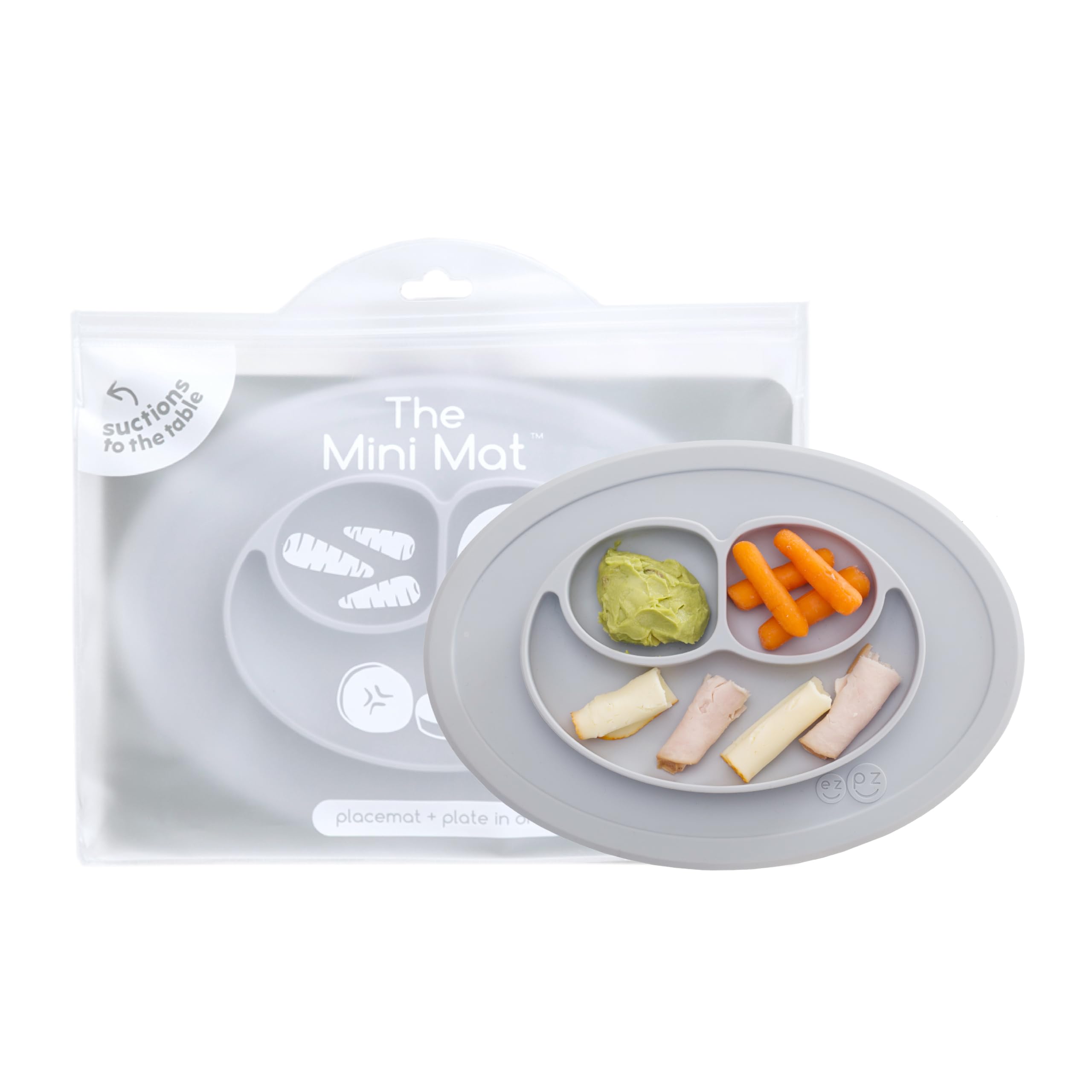 ezpz Mini Mat (Pewter) - 6 -12 Months+ - 100% Silicone Suction Placemat + Divided Plate with Three Compartments - Supports Baby-Led Weaning - Designed