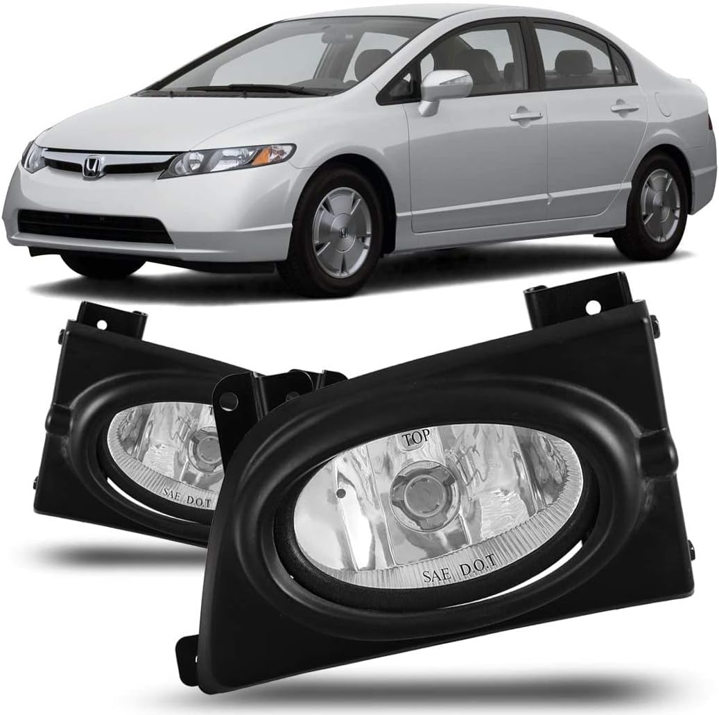 Winjet Fog Lights Compatible With 2006-2008 Honda Civic | Polycarbonate Resin Clear With Wiring Kit Foglight Foglamp Lamps | 2007
