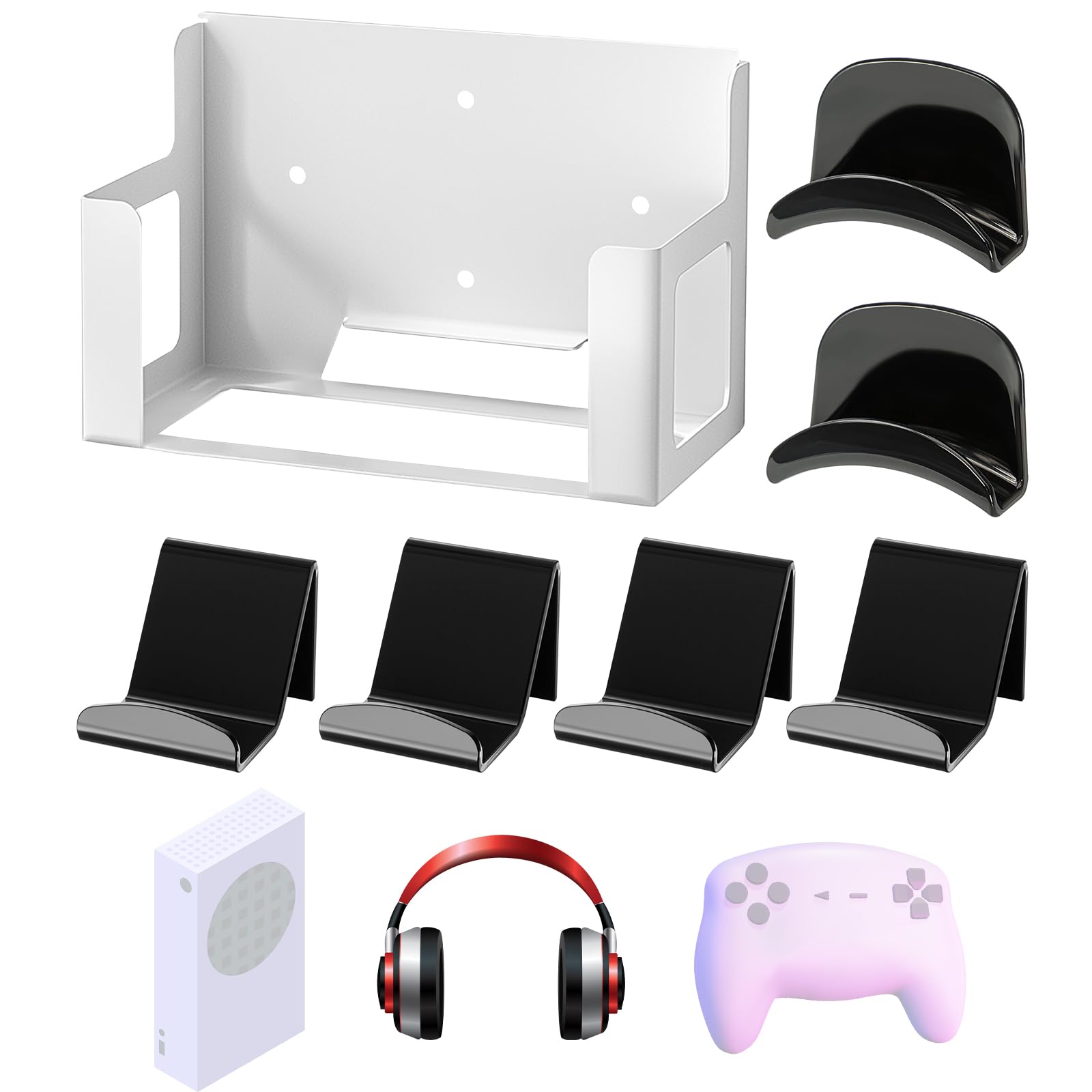 Wonderjune Wall Mount Compatible with Xbox Series S, Thick Wall Mount Set with 4pcs Controller Holder 2 Pcs Headphone Hanger Metal Stand Compatible with Xbox Series S