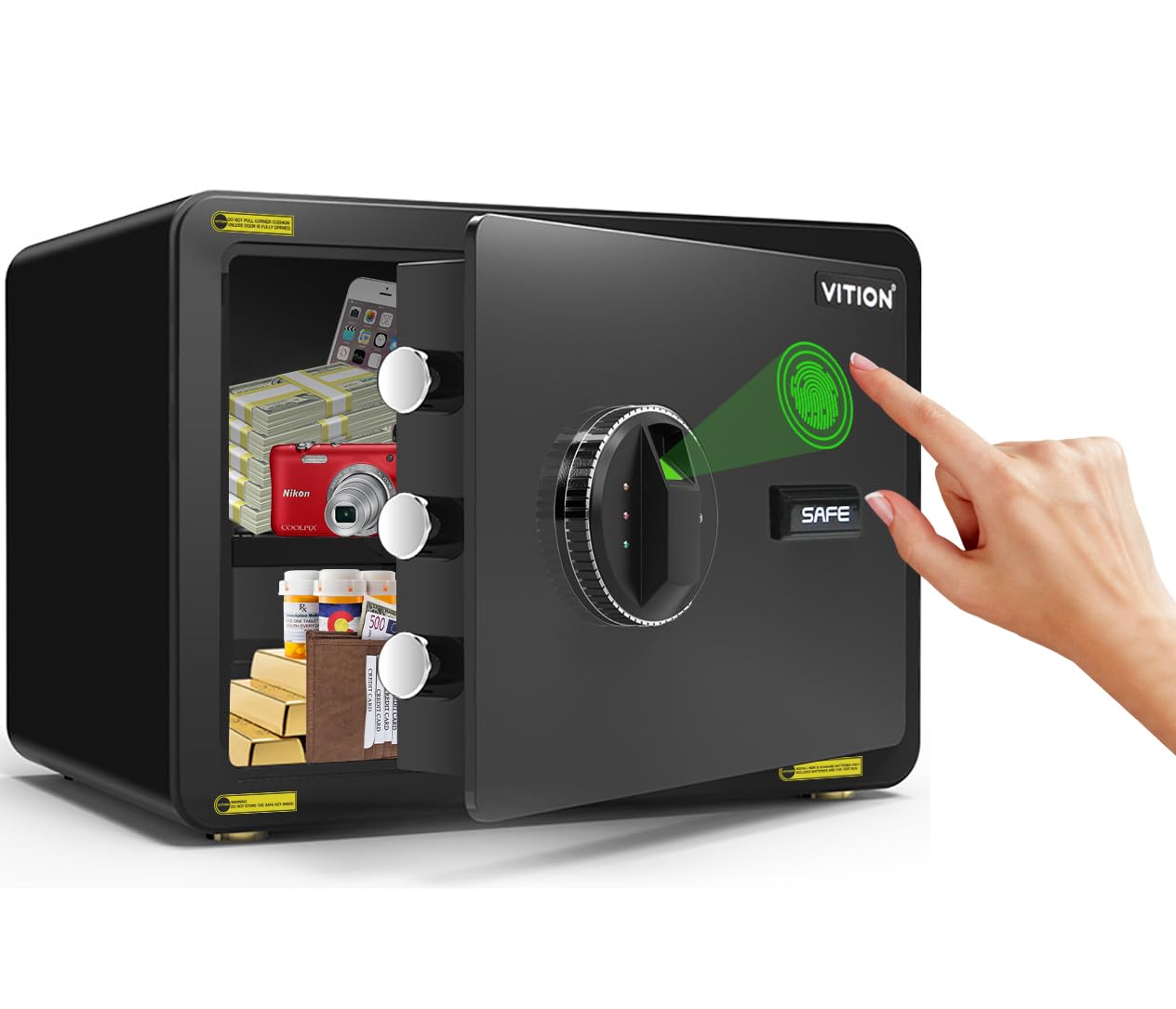 VITION Fingerprint Biometric Safe Box, A4 Document Size, Fire Resistant Powder Coating, With Emergency Keys, Fire Resistant Powder Coating, for Home Office Cash Money Documents 0.8 Cubic Feet