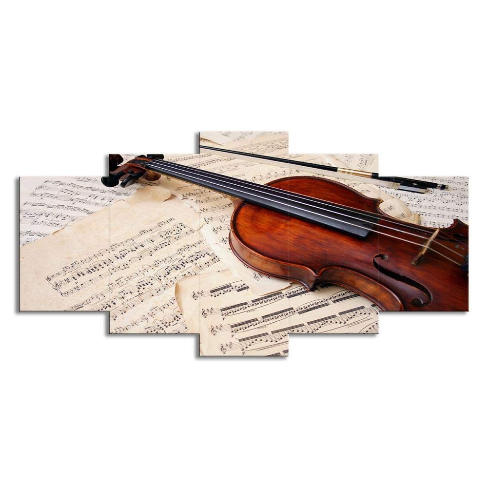 Swlyddm Canvas Print 5 Piece Paintings Images - Violin and sheet music - Wall Art Modern Murals Living Room Bedroom Decoration - Ready to Hang - 200X100cm/78.8" x39.4