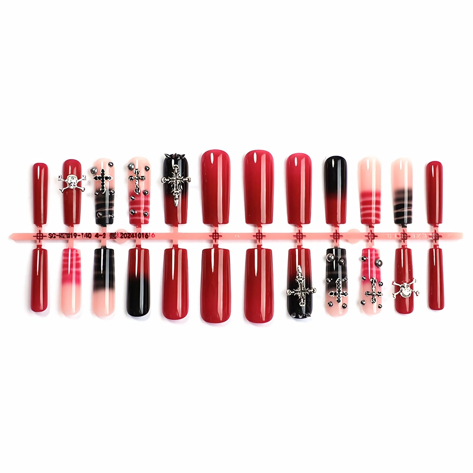 MISUD Nägel zum Aufdrücken – lange quadratische Nägel zum Aufkleben mit Gothic-Rot und Schwarz, Acryl, Gohtic Y2K Kreuz-Design, 24 Stück