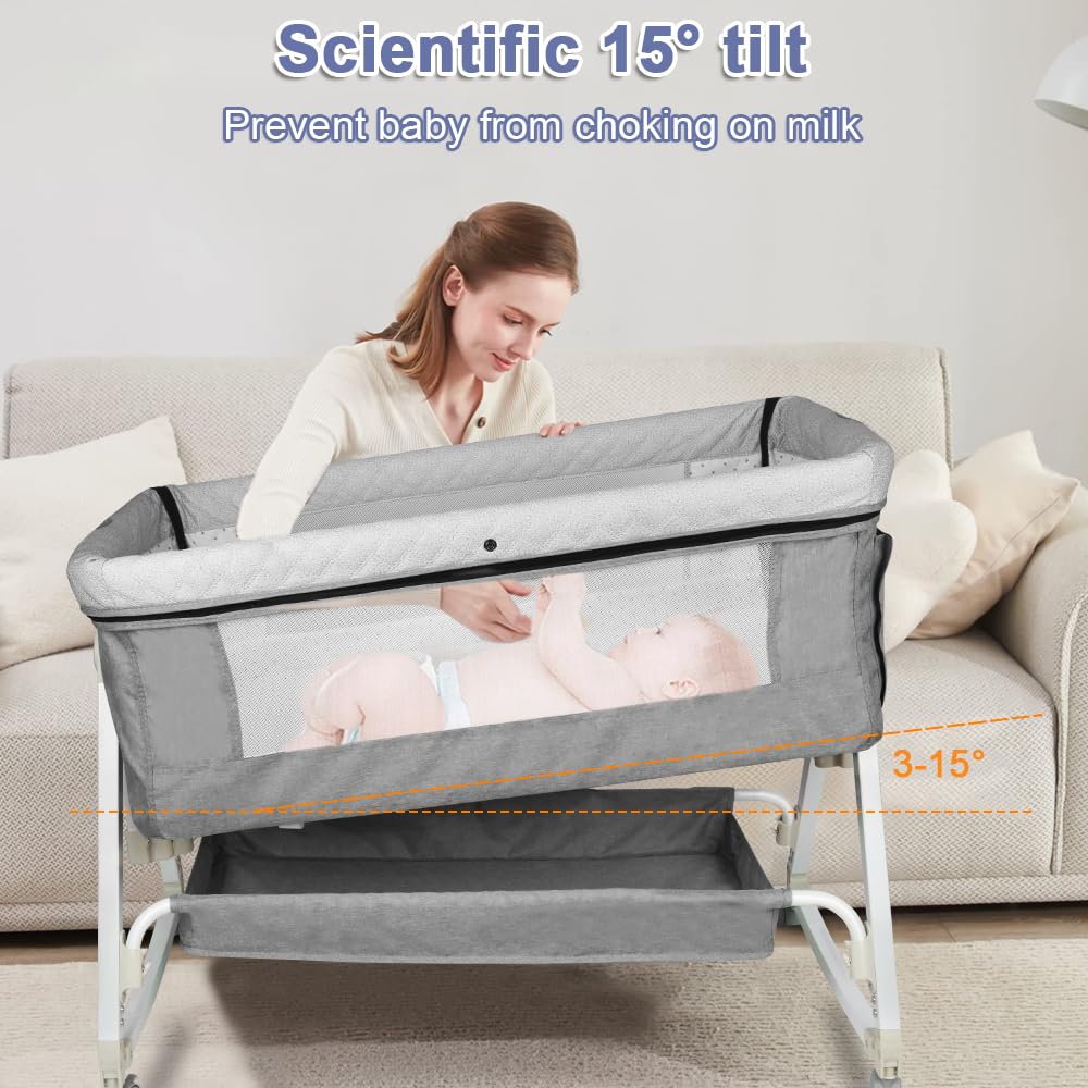 Lit Bébé Cododo la Naissance avec Fonction Bascule, Berceau Cododo avec Matelas et Moustiquaire, Lit d'appoint Mobile pour Bébé, Hauteur en Réglable 6 Positions, Gris 90 * 50*(98-110) cm