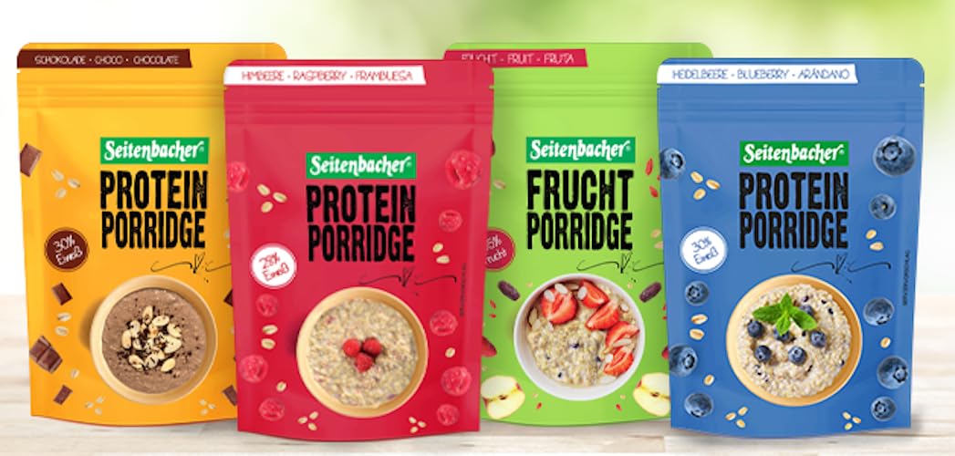 Seitenbacher Testpaket Protein Porridge I Schokolade I Himbeere I Frucht I Blaubeere I Eiweiß I Vollkorn I Hafer 2x4er Pack (2x4x500g)