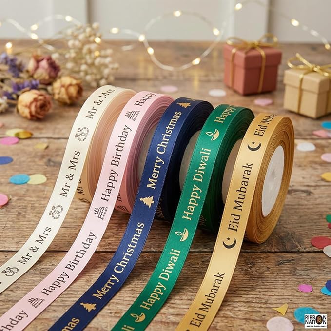 15mm Luxury Personalised Ribbon - Ideal for Weddings, Birthdays, Christmas, Business, & More. Various Lengths & Colours. Available in 10mm, 25mm, 38mm, 48mm