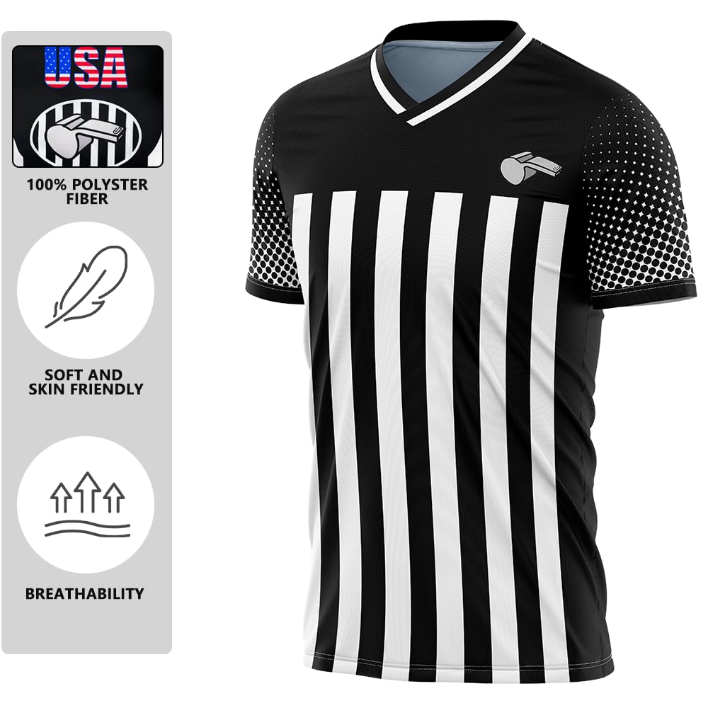 CUEJDSA Referee Shirt Jersey Uniform,V Neck Ref Costume Shirt for Men,Referee Jersey for Soccer(Black & White, Size L)