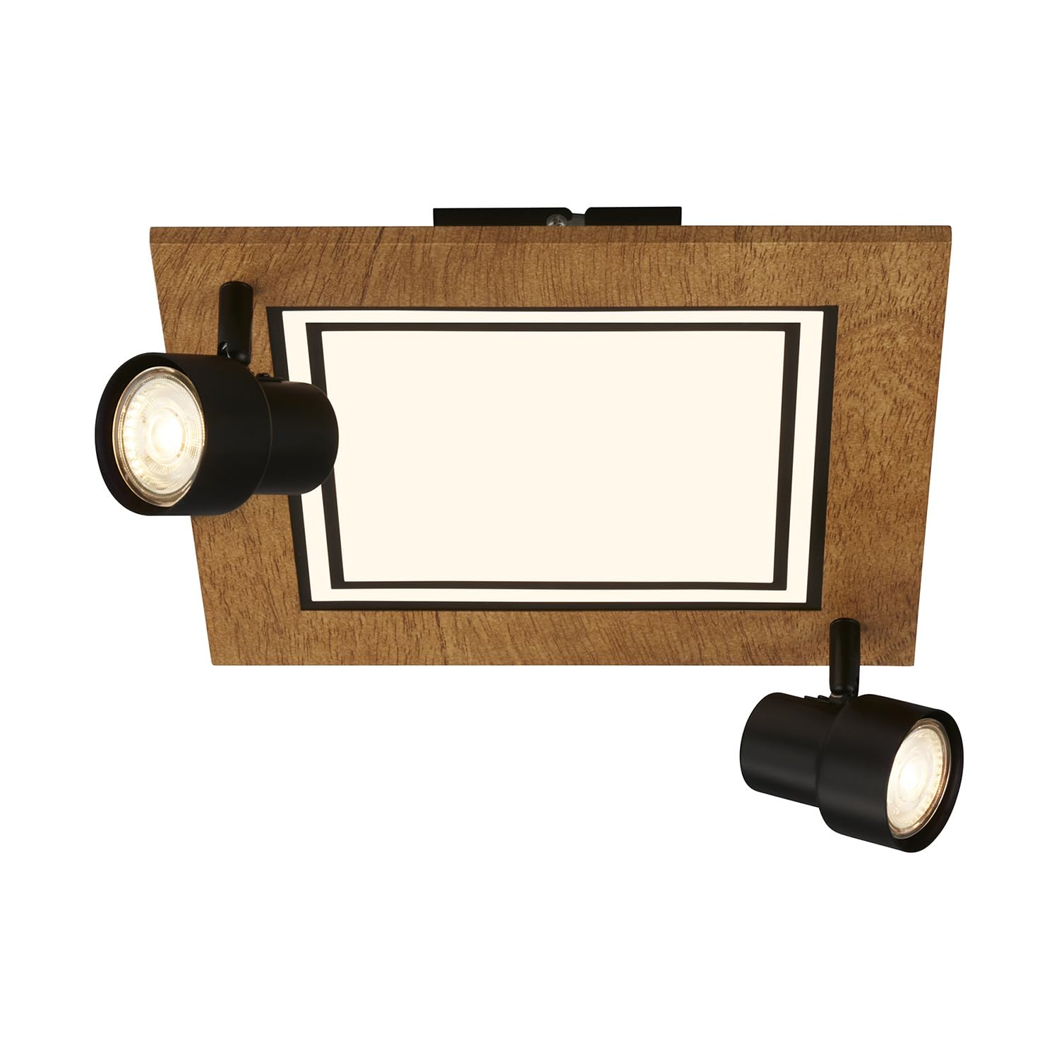 BRILONER - Lámpara de techo LED con focos, luz blanca cálida, lámpara de techo orientable, lámpara LED madera, lámpara de salón 12W con función memoria, 295x295x155 mm (LxAxA)