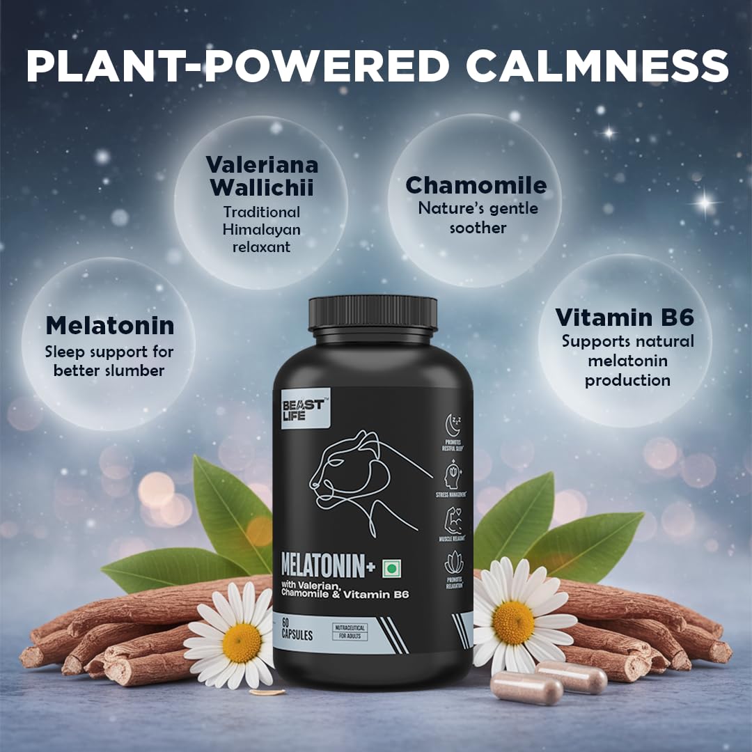 BeastLife Melatonin Plus 5mg Capsules with Valerian, Chamomile & Vitamin B6 | Sleep Support Supplement for Deep Sleep, Natural Sleeping Aid, Non-Habit Forming Night Rest Formula | Relieves Stress & Anxiety | Enhances Relaxation & Focus | 60 Capsules 2