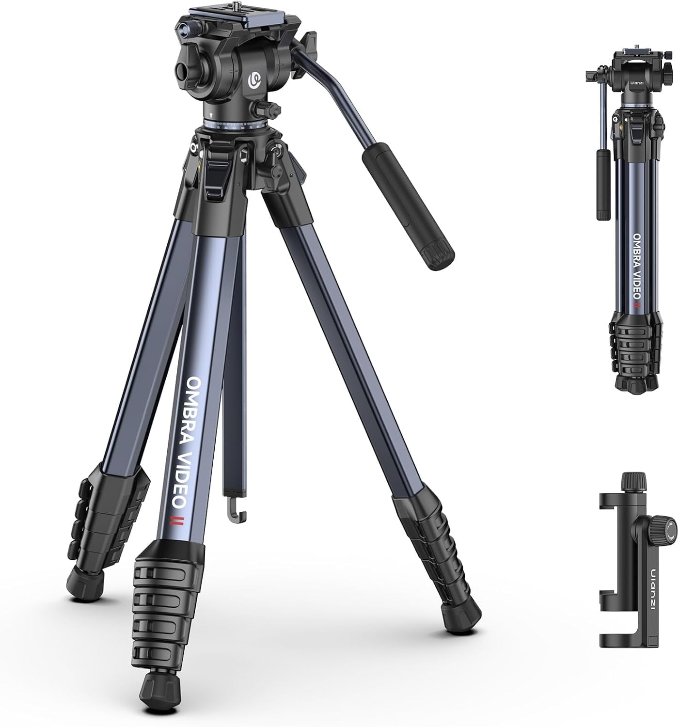 ULANZI Ombra Video II 157cm Videostativ mit Fluidkopf 360° Pan&-70°/+90° Tilt Pan, Travel Tripod mit Handyhalterung, Kamerastativ mit Arca Swiss Kompatibel für DSLR, Handy (Tragkraft 10 kg)
