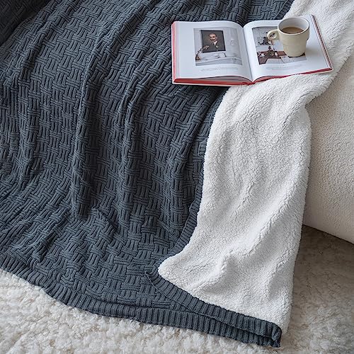 MYLUNE Home Sherpa Decke Baumwolle Strickdecke Öko-Tex 180x200cm 660GSM Dicke Kuscheldecke Flauschig Sofadecke Wohndecke Tagesdecke Bettüberwurf Warme Gehäkelte Decke Winter Blanket Anthrazit