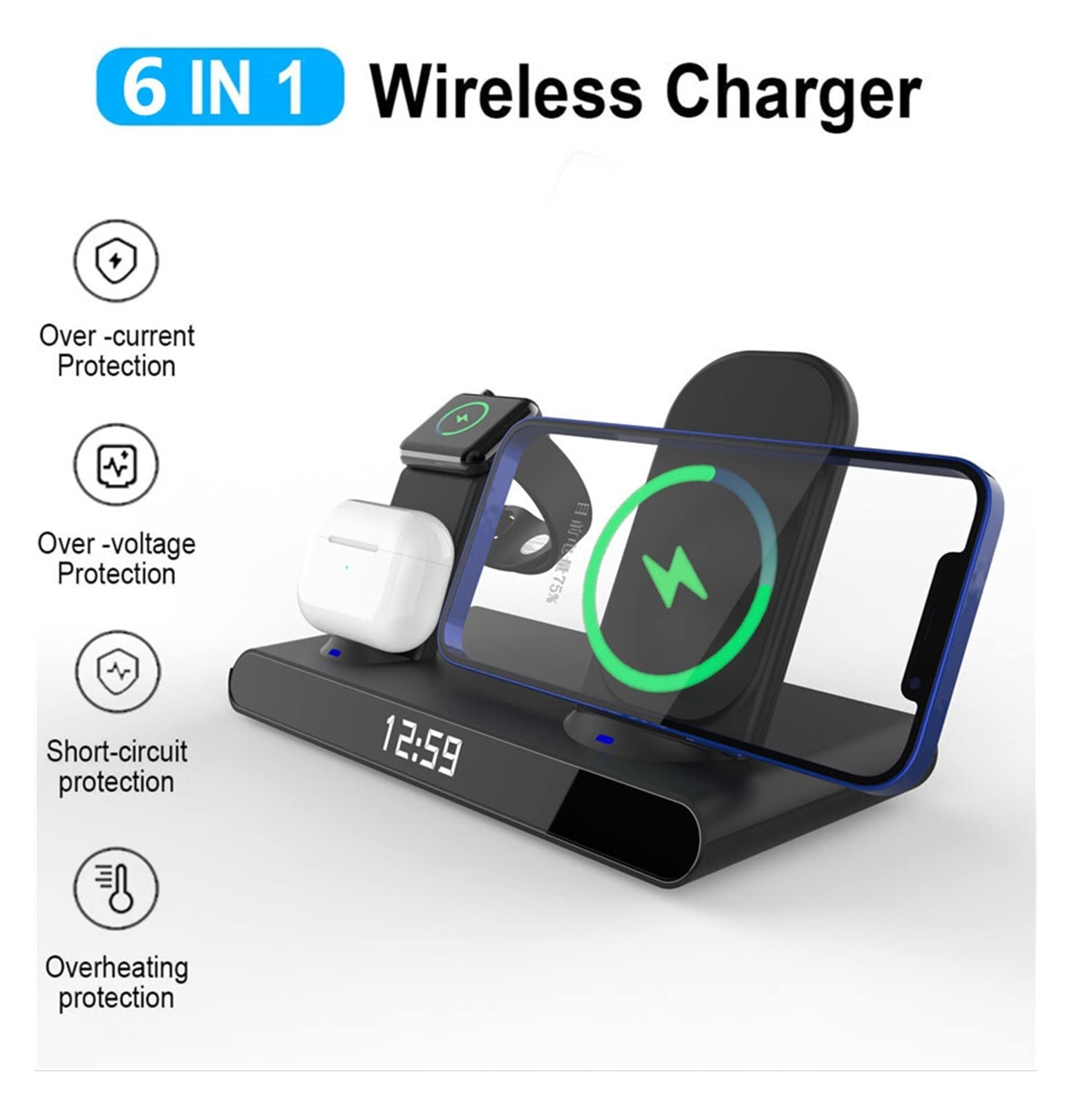 6 en 1 30W Rapide Chargeur sans Fil Horloge Pad for Support de Charge Qi for Montre écouteur Compact et Puissant(White with Plug)