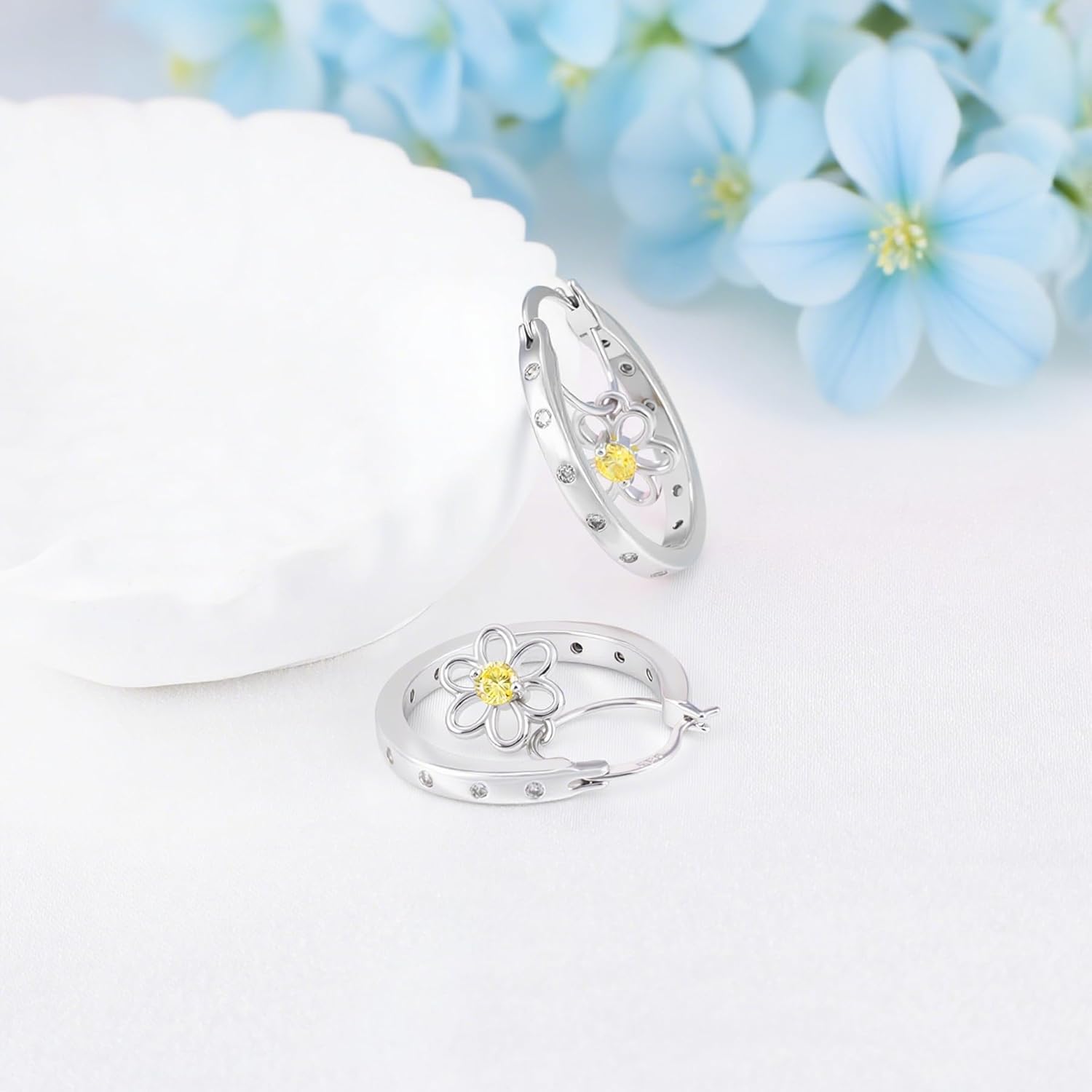 S925 Sterling Silver Daisy Hoop Earrings Dainty Yellow CZ Flower Floral Round Drop Huggie Jewelry for Women's Daughter Birthday - Image 3