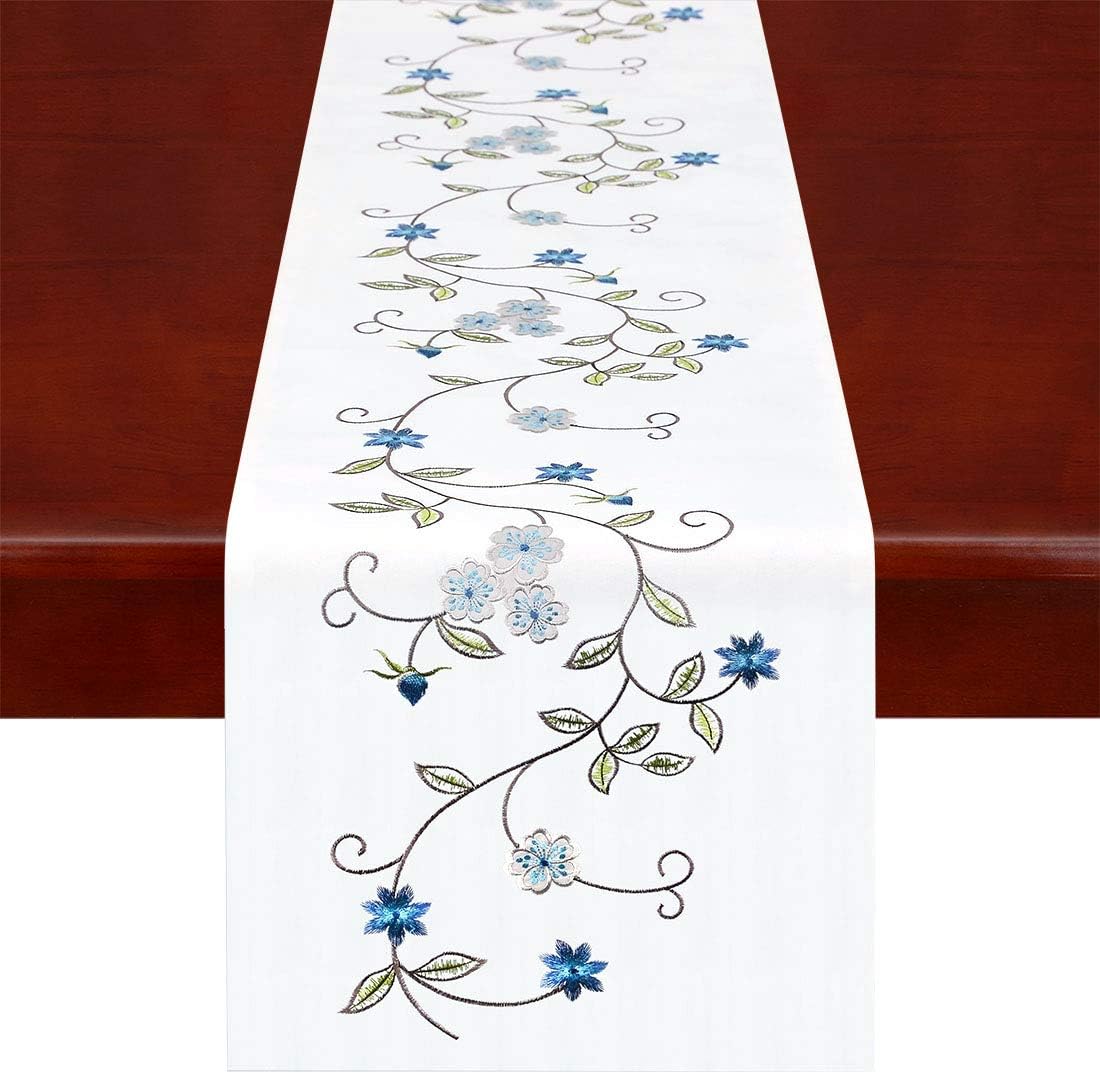 Simhomsen Double Thickness Rustic Embroidered Floral Table Runners for Spring and Summer, Dresser Scarf (Blue, 14 × 88 Inch)