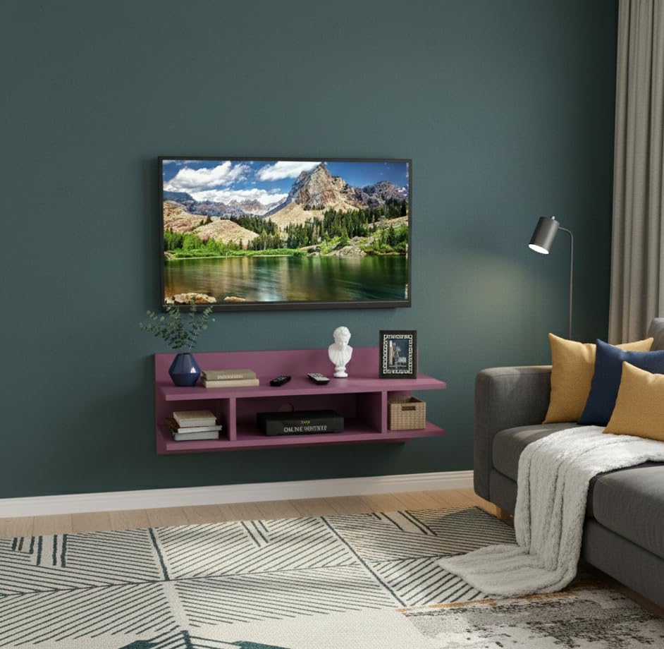 Image of Engineered Wood Set Top Box Stand | Wall Mounted TV Unit Shelf for Router, WiFi, DVD, Gaming Console | Sturdy & Space Saving TV Accessory Organizer (Brown, 50 x 20 x 15 cm) (Dark Pink)