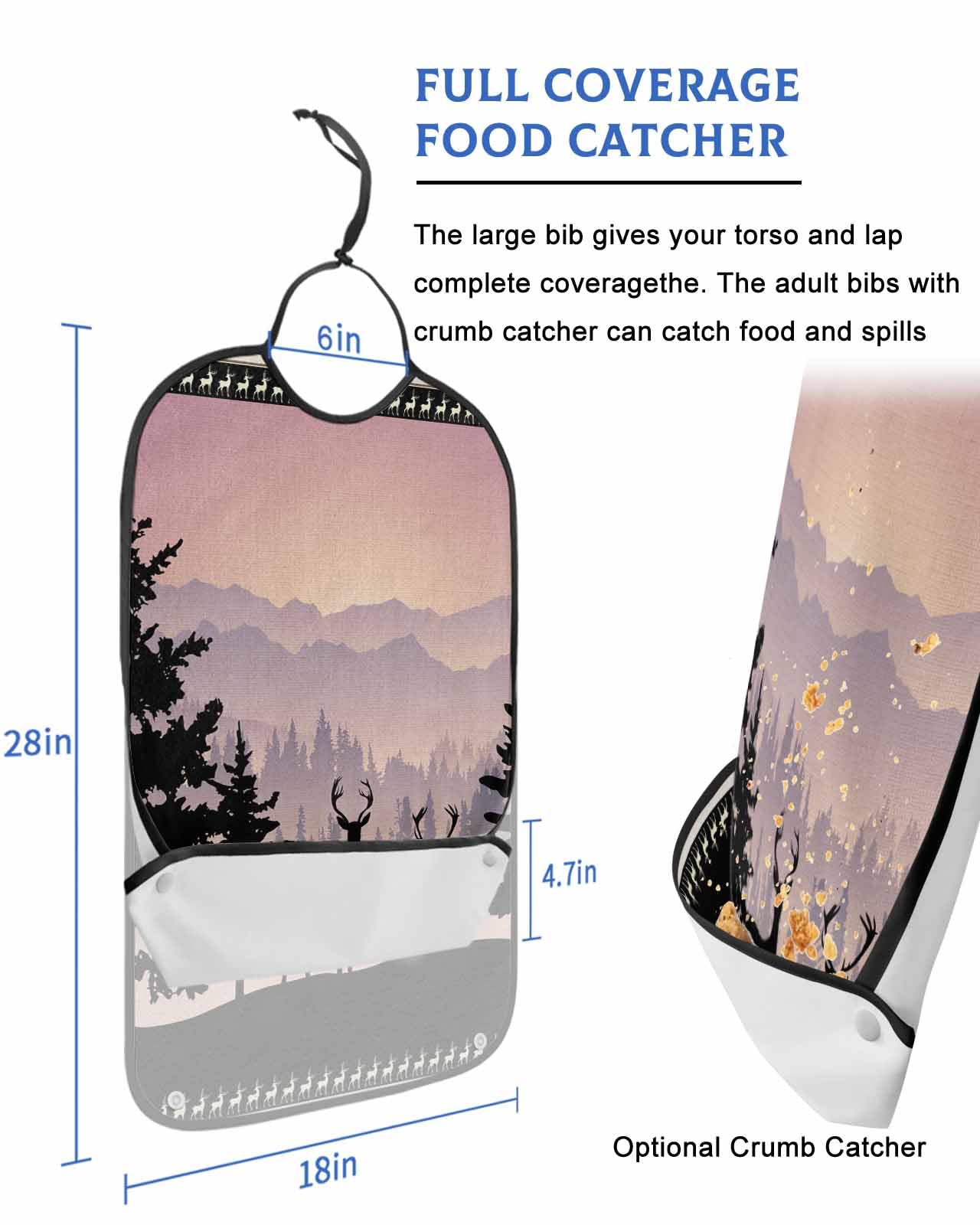LEOKOTI Black Pastoral Adult Bibs for Eating, Waterproof Bibs with Food Catcher & Adjustable Snap Closure, Farmhouse Forest Elk Rustic Washable Clothing Protectors Adult Bibs for Elderly Women/Men