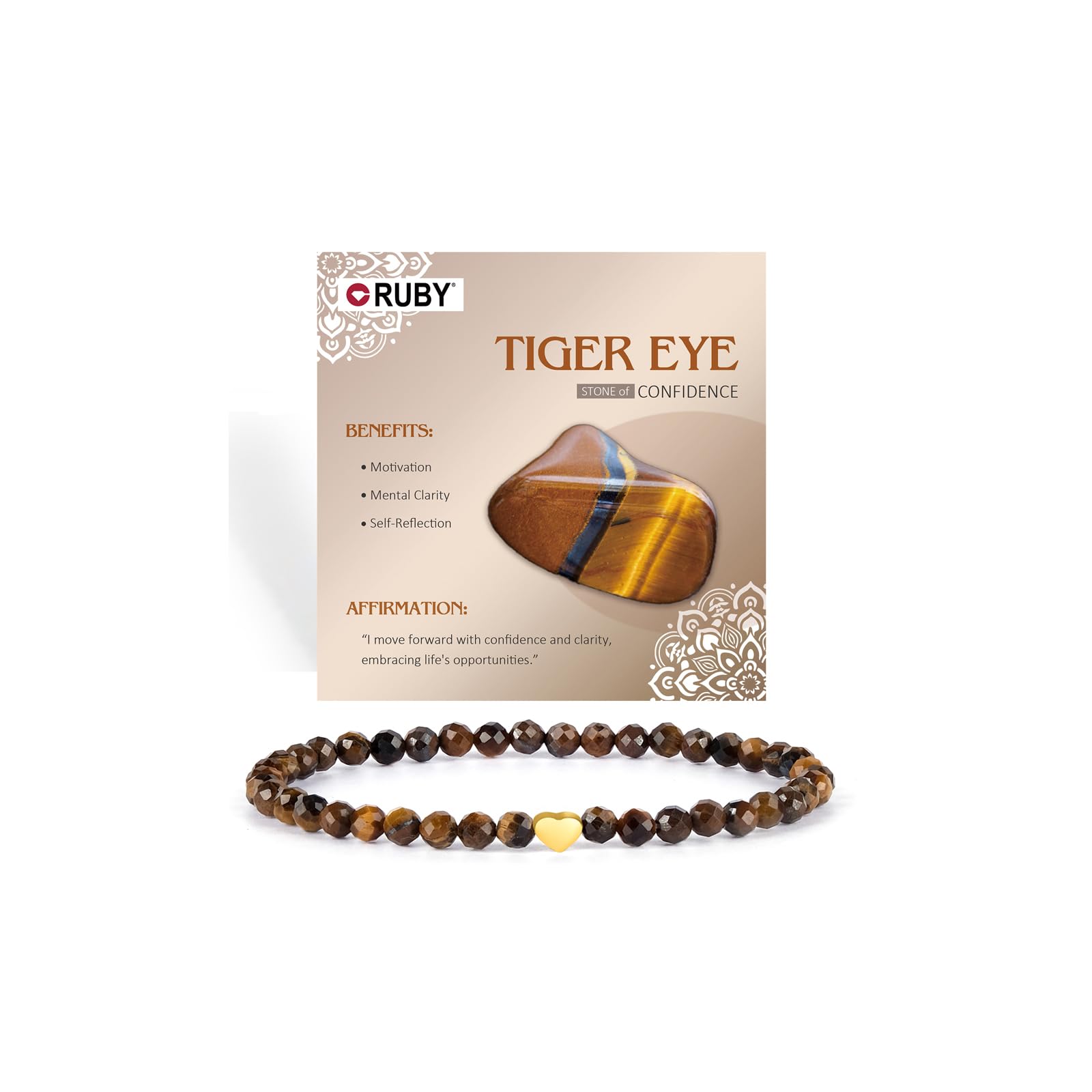 RUBY Edelstein Perlen Armband für Frauen, 4mm Perlen und 18K Vergoldet Edelstahlherz Armbänder Damen,elastischer Schmuck Yoga,Geschenk zum Muttertag-Inklusive Geschenkbox Holz