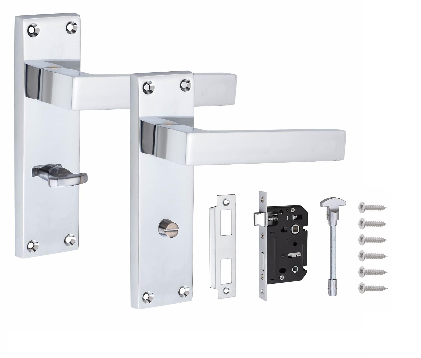 Golden GraceVictorian Straight Delta Door Handles Bathroom WC Toilet Complete in Silver Polished Chrome with (GG) 64mm Bathroom Mortise Lock - 150mm x 40mm Backplate