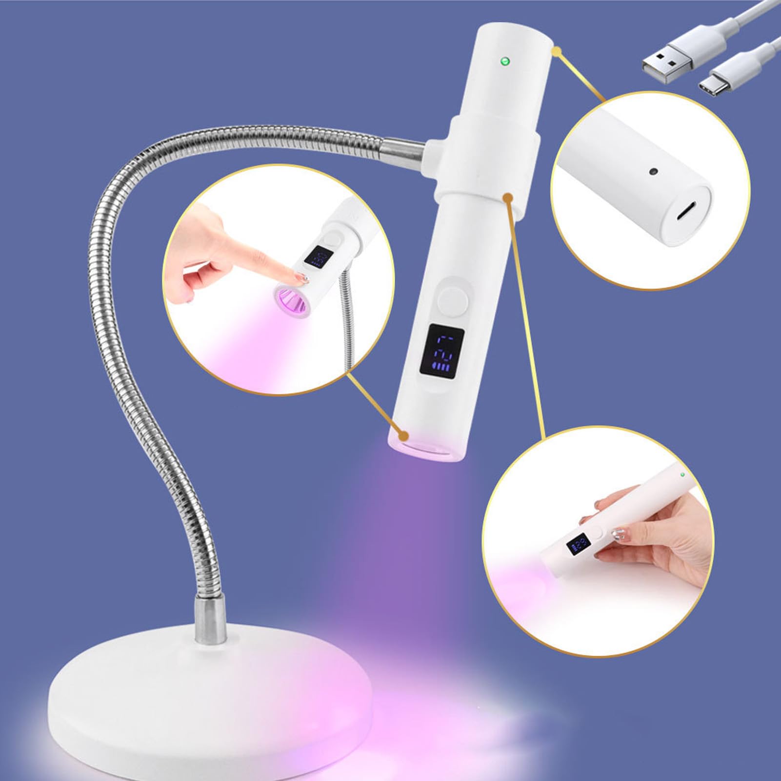 Lámpara LED UV GelnäGel, 9W Gel Inalámbrico Gel USB Lámpara de Clavos Giratorio con Control Táctil para Esmalte de Uñas, 30/60 para Curar Pegamento para Uñas, 2 H de Batería de