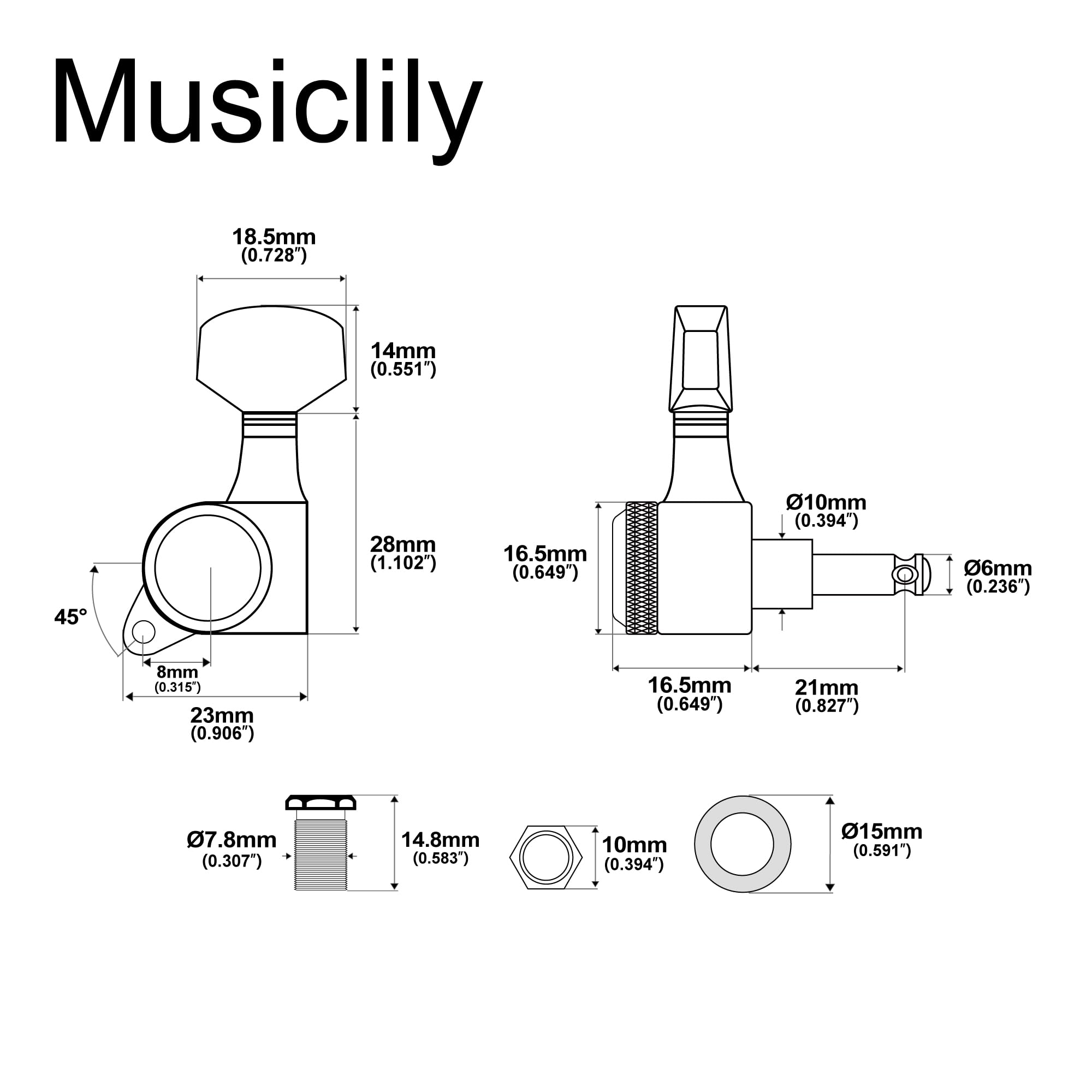 Musiclily Pro R18K-03 Mancino 6 in Linea 18:1 Meccaniche Autobloccanti Nero